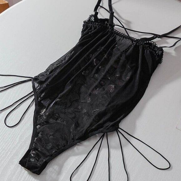 Romantic Floral Embroidered Sheer Lace Bodysuit - BLACK - Picture 6 of 7